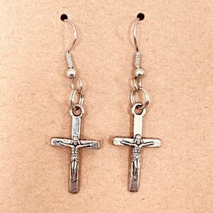 Crucifix Earrings Stainless Steel & Silver Tone Cross Dangle Hand Crafted 1-3/4”